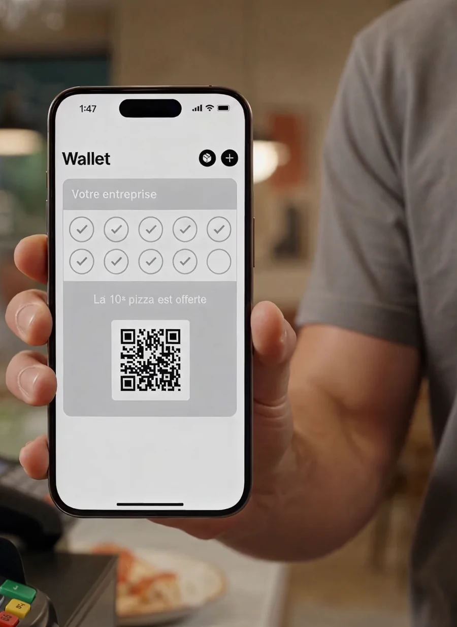 Un client présente au comptoir sa carte de fidélité à tampons, affichée dans le Wallet de son iPhone, avec son QR code.
